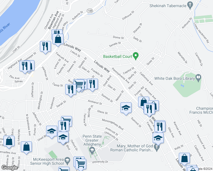 map of restaurants, bars, coffee shops, grocery stores, and more near 2703 Oneil Boulevard in McKeesport