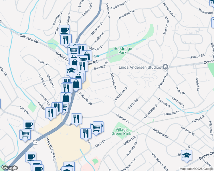 map of restaurants, bars, coffee shops, grocery stores, and more near 117 Sunridge Drive in Pittsburgh