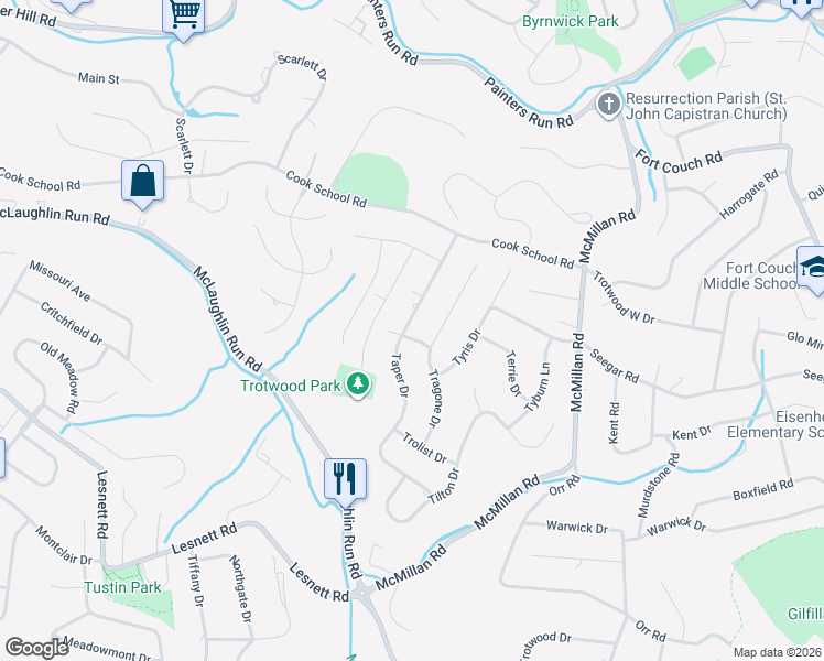 map of restaurants, bars, coffee shops, grocery stores, and more near 1780 Taper Drive in Pittsburgh