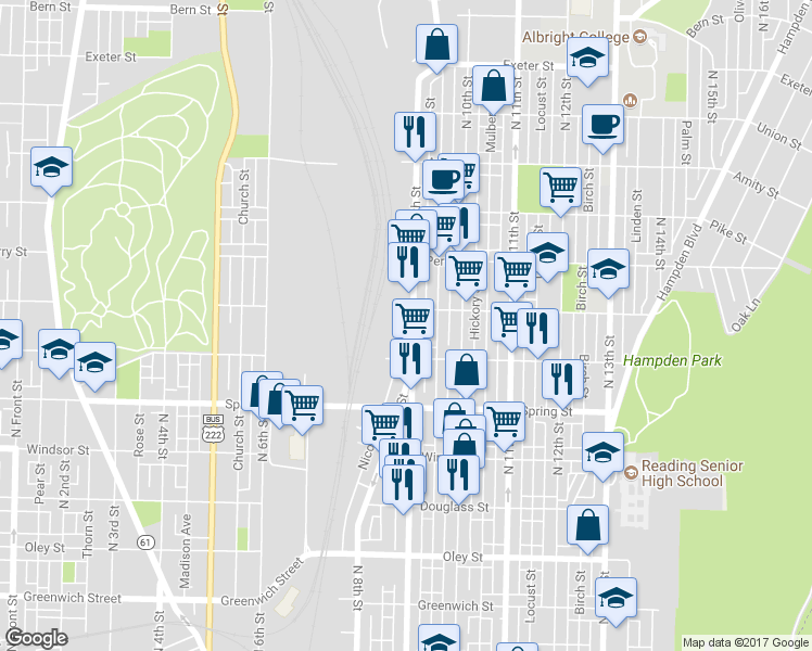 map of restaurants, bars, coffee shops, grocery stores, and more near 1144 North 9th Street in Reading