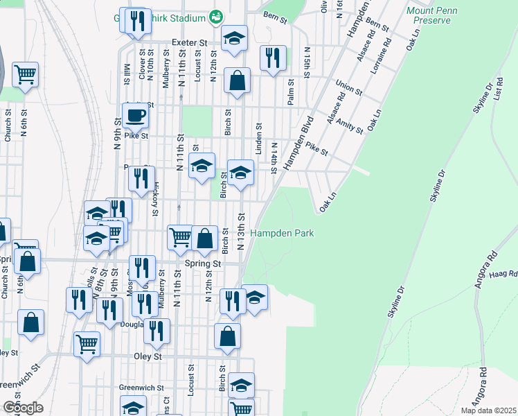 map of restaurants, bars, coffee shops, grocery stores, and more near 1128 Hampden Boulevard in Reading