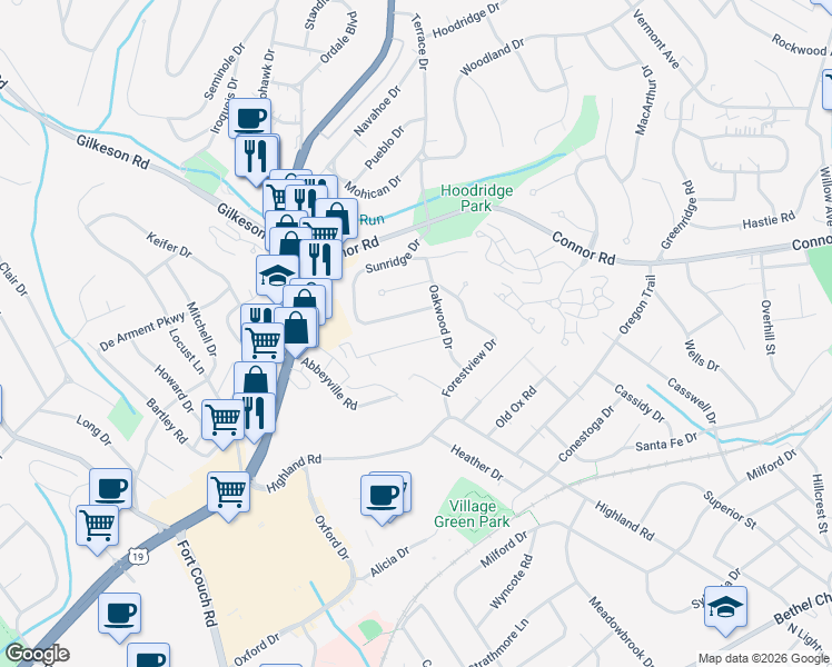 map of restaurants, bars, coffee shops, grocery stores, and more near 117 Sunridge Drive in Pittsburgh