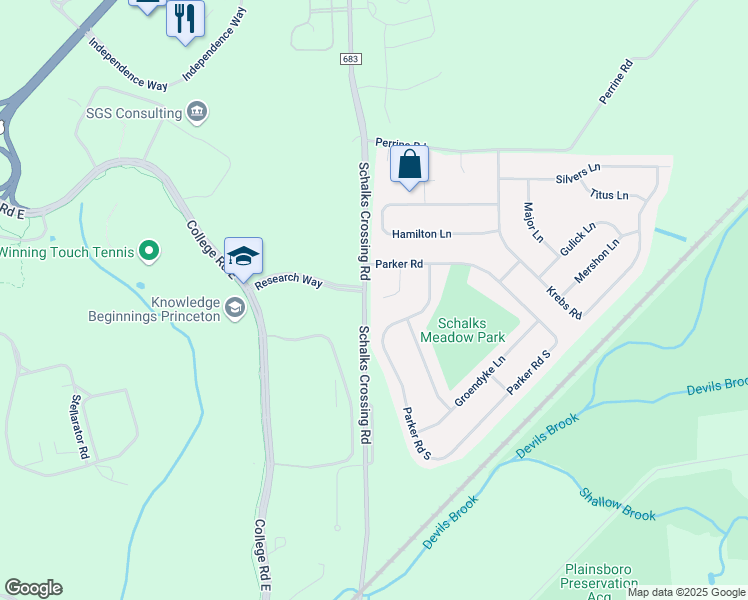 map of restaurants, bars, coffee shops, grocery stores, and more near 16 Chandler Court in Plainsboro Township