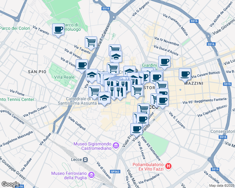 map of restaurants, bars, coffee shops, grocery stores, and more near 35 Via Vittorio Emanuele II in Lecce