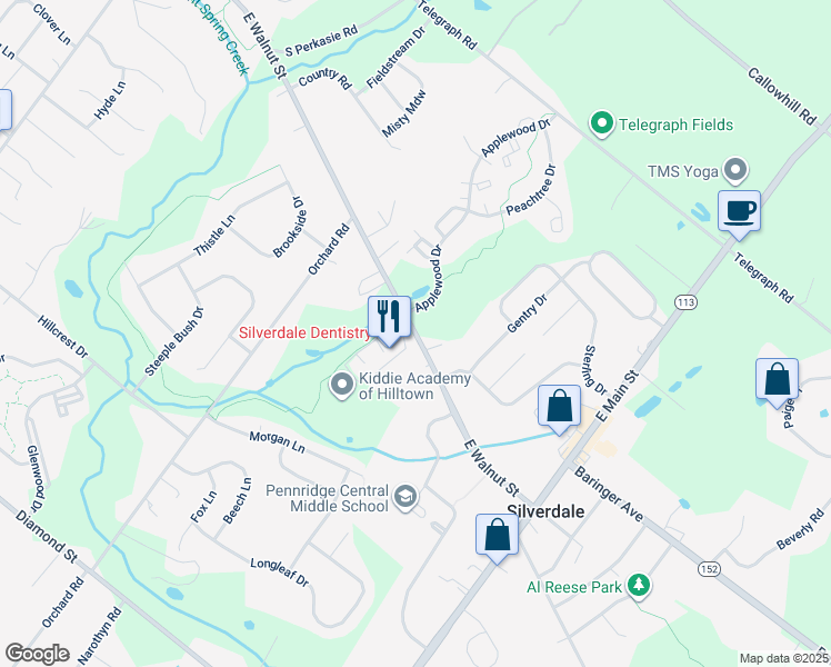 map of restaurants, bars, coffee shops, grocery stores, and more near 1 Applewood Drive in Perkasie