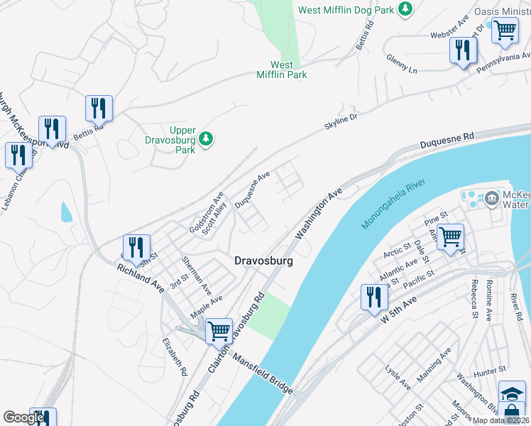 map of restaurants, bars, coffee shops, grocery stores, and more near 14 Dewey Street in Dravosburg