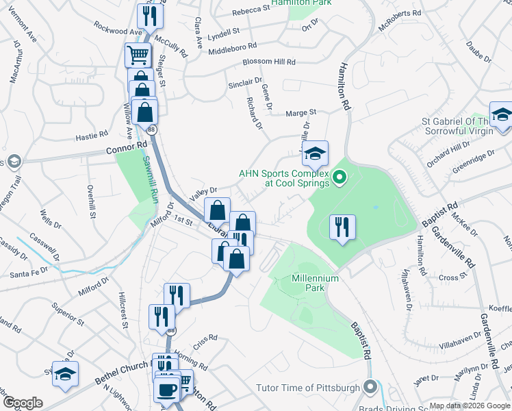 map of restaurants, bars, coffee shops, grocery stores, and more near 1609 Lucille Dr in Pittsburgh