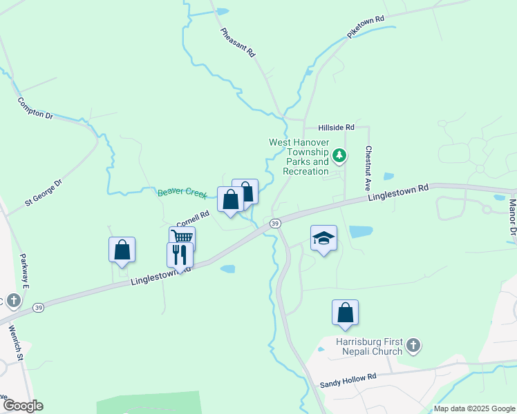 map of restaurants, bars, coffee shops, grocery stores, and more near 604 Piketown Road in Harrisburg