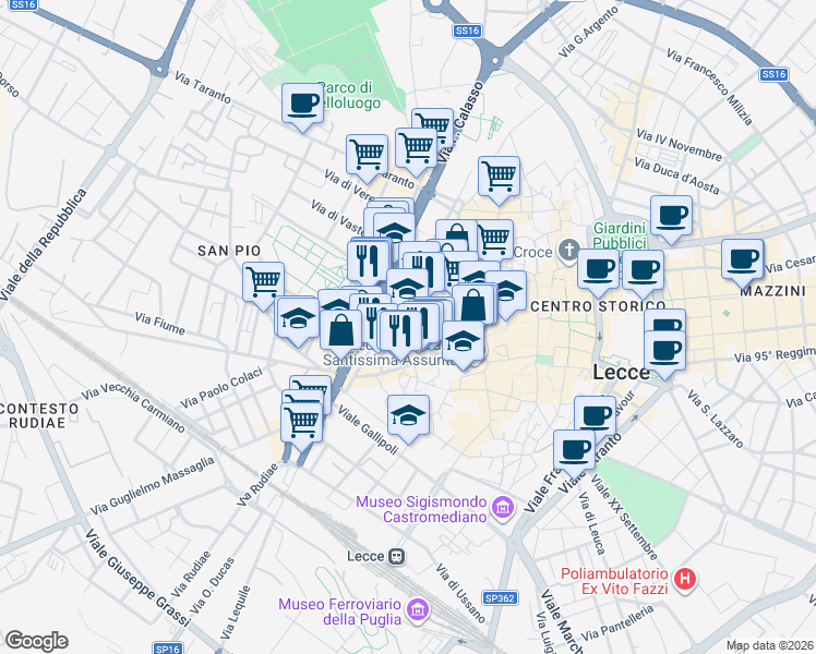 map of restaurants, bars, coffee shops, grocery stores, and more near 1-9 Corte Santo Stefano delle Canne in Lecce