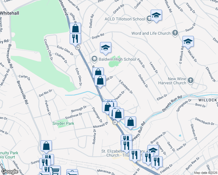 map of restaurants, bars, coffee shops, grocery stores, and more near 205 Thomas Drive in Pittsburgh