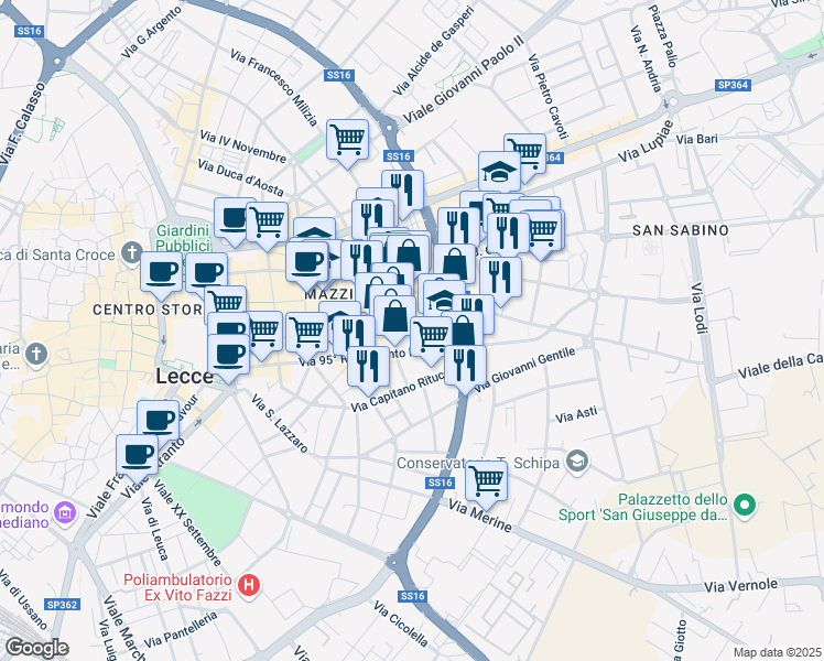 map of restaurants, bars, coffee shops, grocery stores, and more near 65 Via Guglielmo Oberdan in Lecce