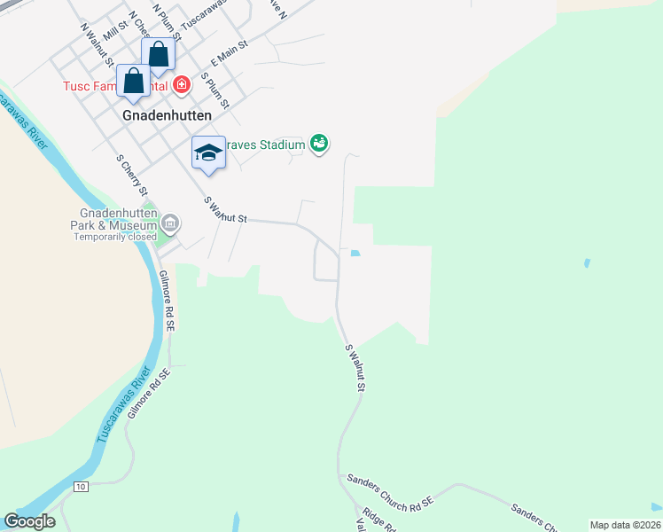 map of restaurants, bars, coffee shops, grocery stores, and more near 8700-8820 South Walnut Street in Gnadenhutten