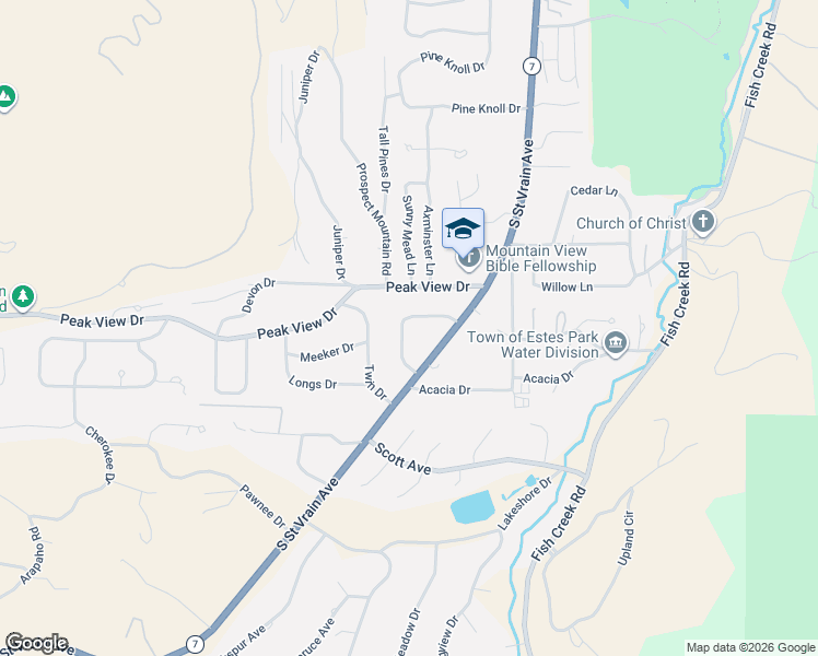 map of restaurants, bars, coffee shops, grocery stores, and more near 930 Highacres Drive in Estes Park