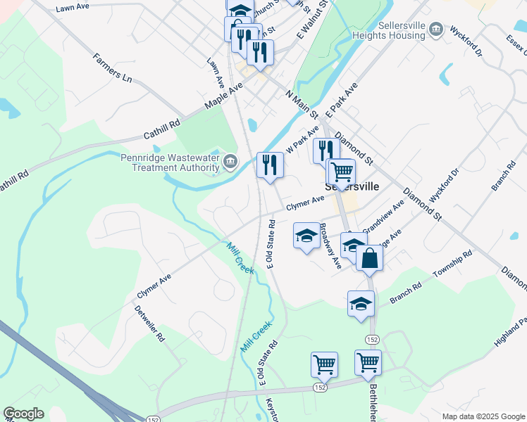 map of restaurants, bars, coffee shops, grocery stores, and more near 201 Clymer Avenue in Sellersville