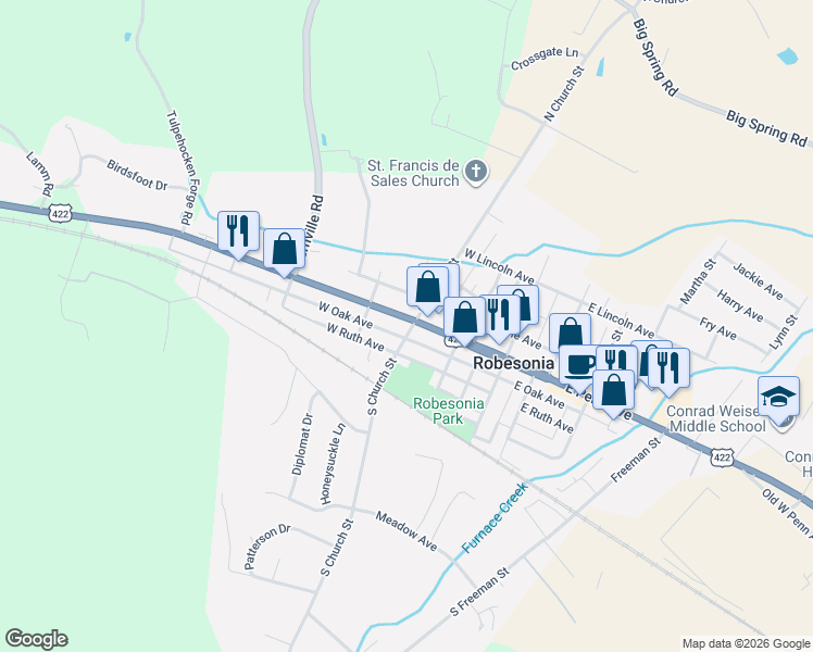 map of restaurants, bars, coffee shops, grocery stores, and more near 200 West Penn Avenue in Robesonia