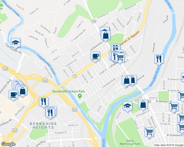 map of restaurants, bars, coffee shops, grocery stores, and more near 1319 Clarion Street in Reading