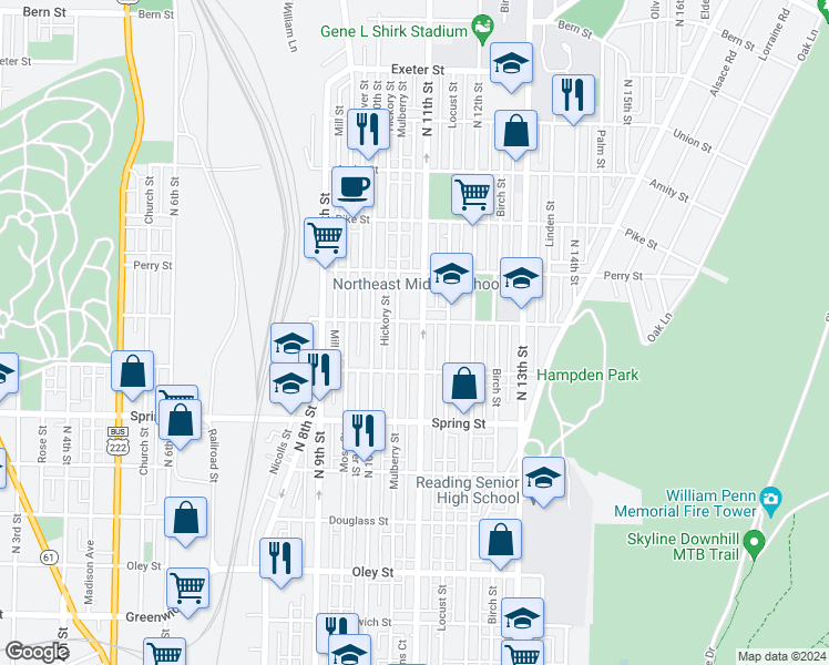 map of restaurants, bars, coffee shops, grocery stores, and more near 1150 N 11th St in Reading