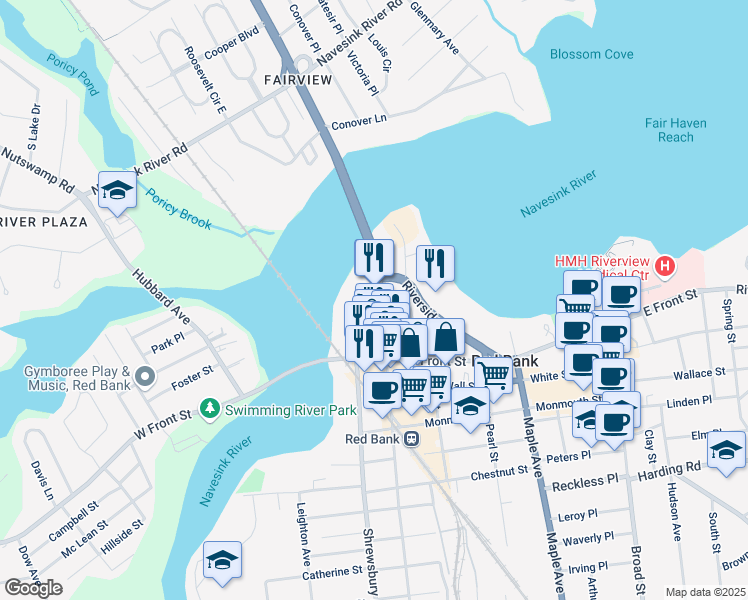 map of restaurants, bars, coffee shops, grocery stores, and more near 54 Bridge Avenue in Red Bank