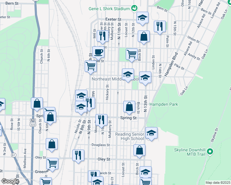 map of restaurants, bars, coffee shops, grocery stores, and more near 1150 N 11th St in Reading