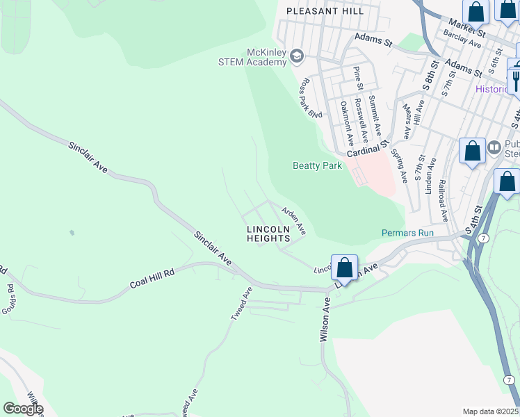 map of restaurants, bars, coffee shops, grocery stores, and more near 502 Lincoln Boulevard in Steubenville