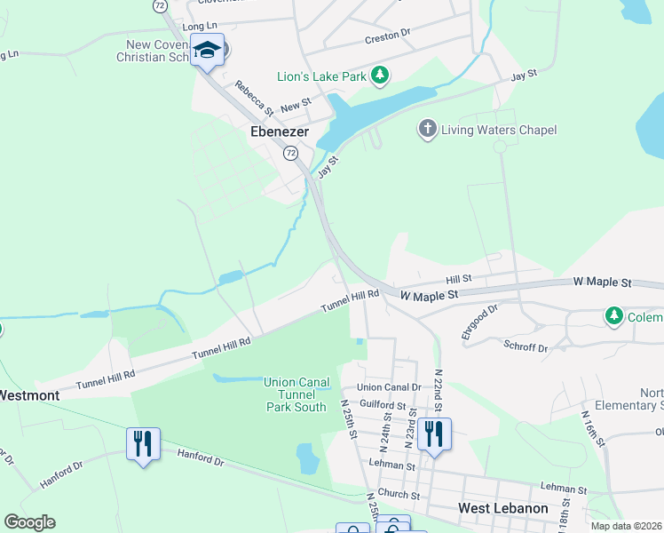 map of restaurants, bars, coffee shops, grocery stores, and more near 33 Old Ebenezer Road in Lebanon