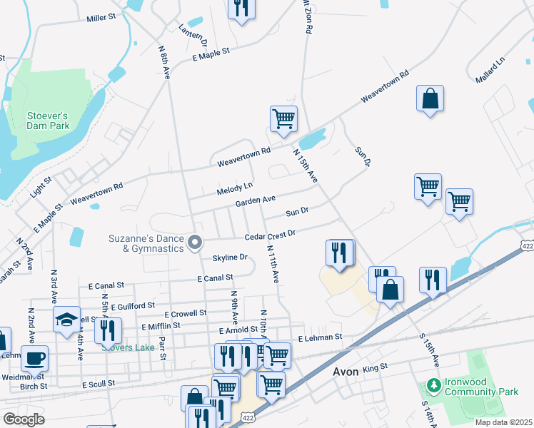 map of restaurants, bars, coffee shops, grocery stores, and more near 1101 Sun Drive in Lebanon