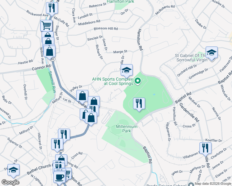 map of restaurants, bars, coffee shops, grocery stores, and more near 3520 Ridgeway Drive in Bethel Park