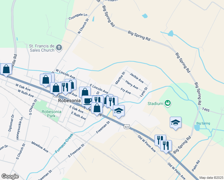 map of restaurants, bars, coffee shops, grocery stores, and more near 207 North Linden Street in Robesonia