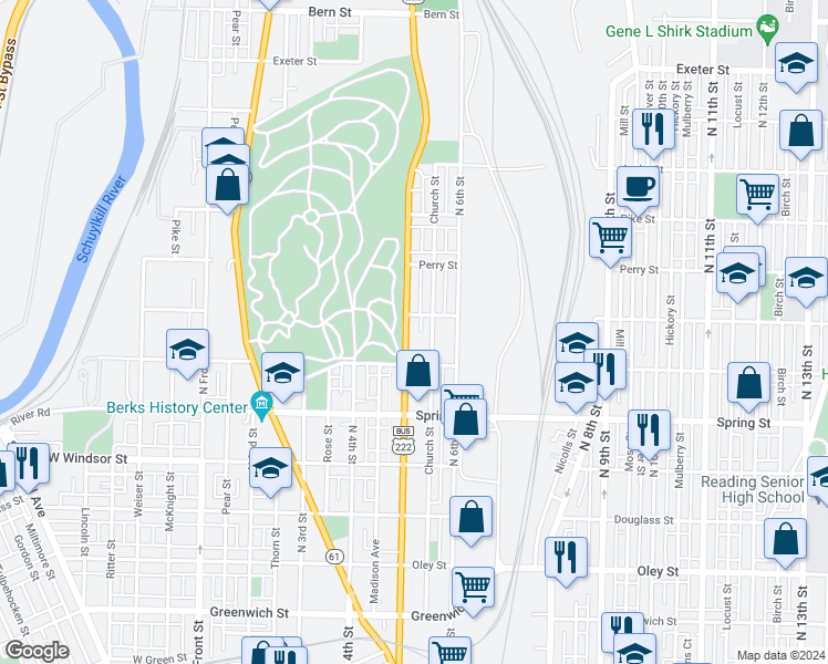 map of restaurants, bars, coffee shops, grocery stores, and more near 1143 North 5th Street in Reading