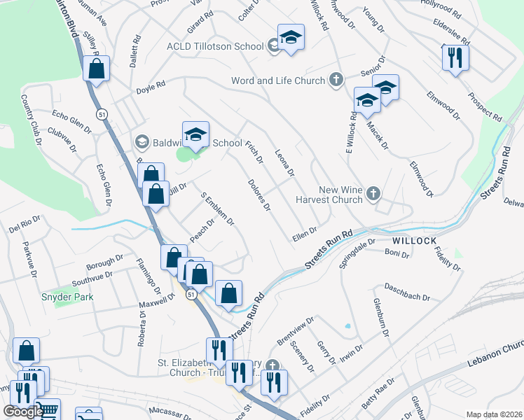 map of restaurants, bars, coffee shops, grocery stores, and more near 5100 Dolores Drive in Pittsburgh