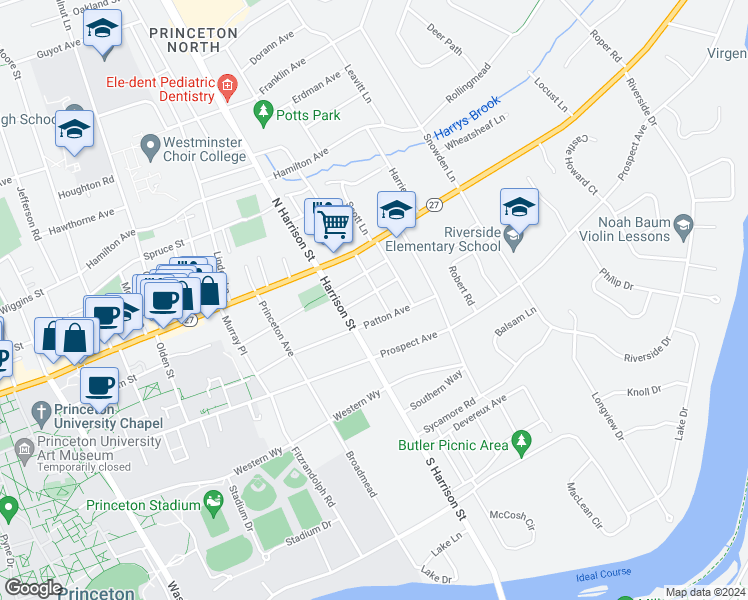 map of restaurants, bars, coffee shops, grocery stores, and more near 45 Markham Road in Princeton