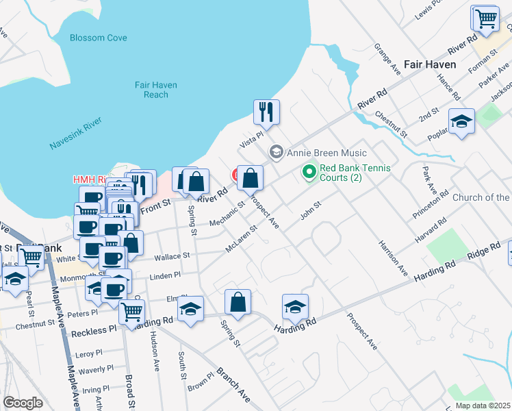 map of restaurants, bars, coffee shops, grocery stores, and more near 21 Bassett Place in Red Bank