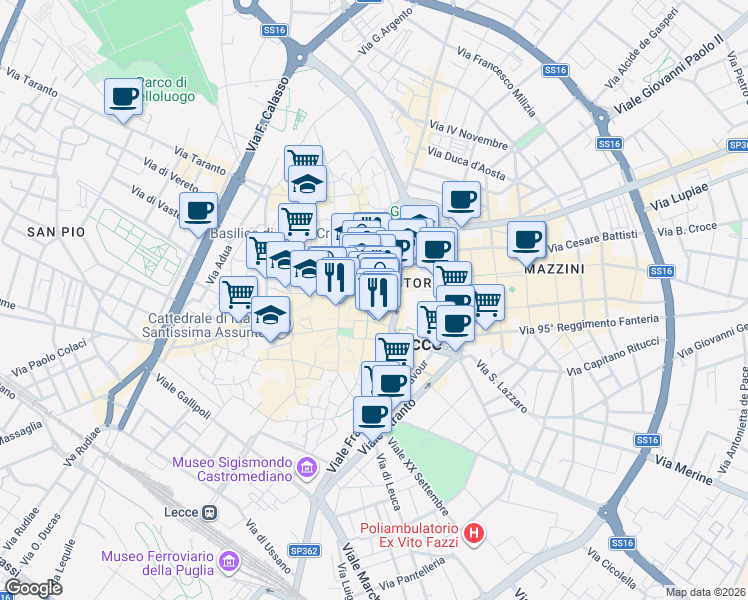map of restaurants, bars, coffee shops, grocery stores, and more near 32 Piazza Sant'Oronzo in Lecce