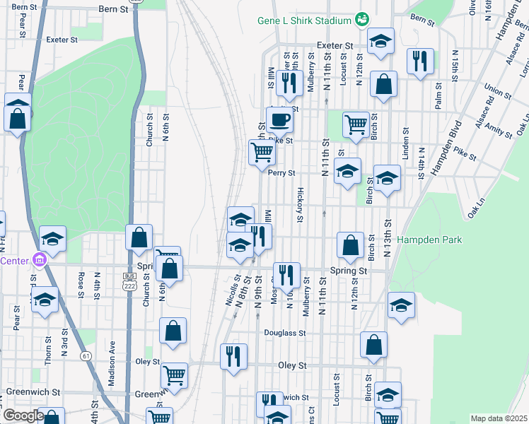 map of restaurants, bars, coffee shops, grocery stores, and more near 1149 North 9th Street in Reading