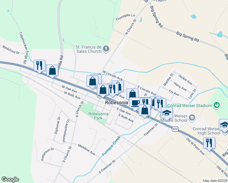 map of restaurants, bars, coffee shops, grocery stores, and more near 17 North Brooke Street in Robesonia