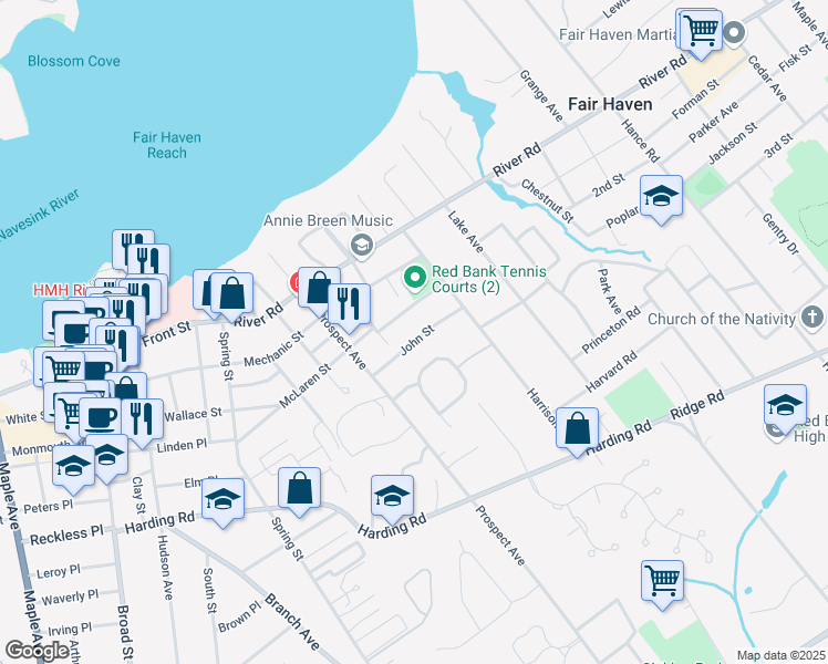map of restaurants, bars, coffee shops, grocery stores, and more near 49 John Street in Red Bank