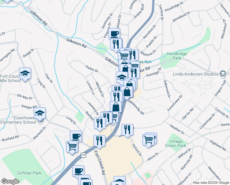 map of restaurants, bars, coffee shops, grocery stores, and more near 1630 North Highland Road in Pittsburgh