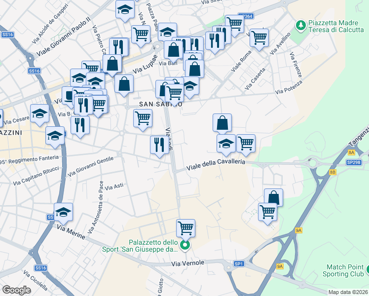 map of restaurants, bars, coffee shops, grocery stores, and more near Via Fiesole in Lecce