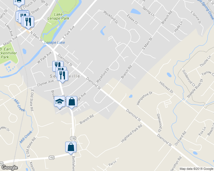 map of restaurants, bars, coffee shops, grocery stores, and more near 6 Hughes Avenue in Sellersville