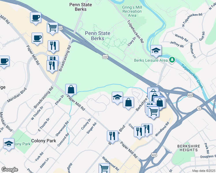 map of restaurants, bars, coffee shops, grocery stores, and more near 122 Heather Lane in Wyomissing