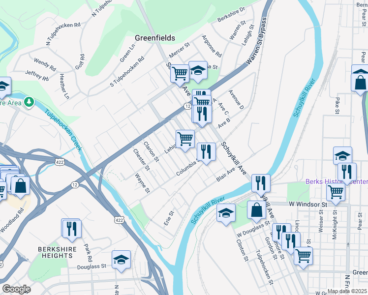 map of restaurants, bars, coffee shops, grocery stores, and more near 1241 Carbon Street in Reading