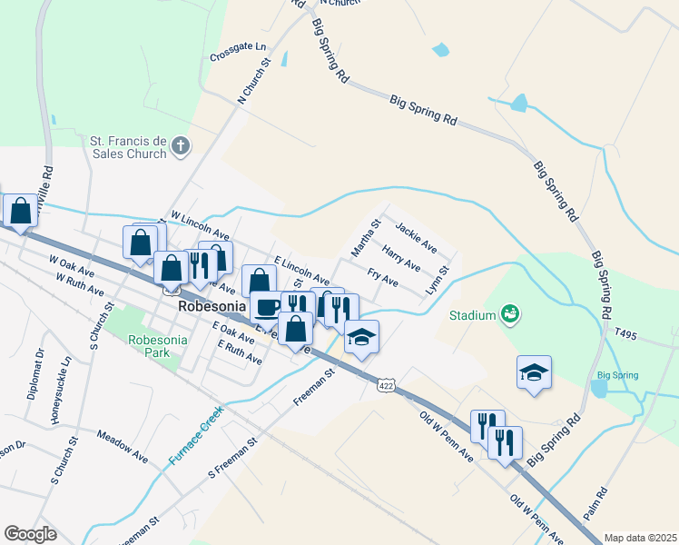map of restaurants, bars, coffee shops, grocery stores, and more near 207 North Linden Street in Robesonia