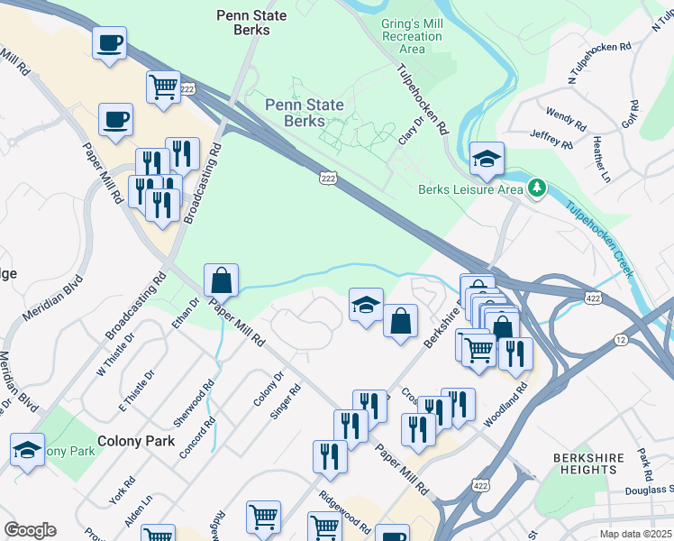 map of restaurants, bars, coffee shops, grocery stores, and more near 122 Heather Lane in Wyomissing