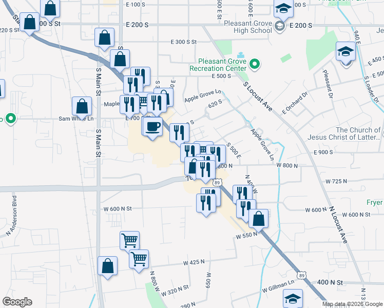 map of restaurants, bars, coffee shops, grocery stores, and more near 650 South State Road in Pleasant Grove