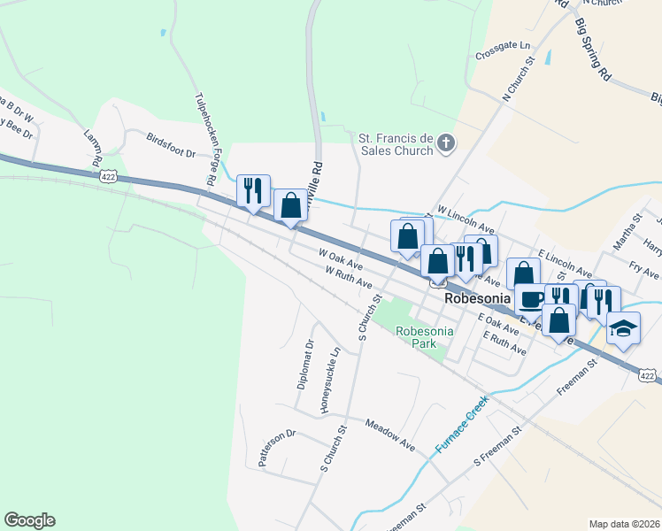 map of restaurants, bars, coffee shops, grocery stores, and more near 331 West Ruth Avenue in Robesonia