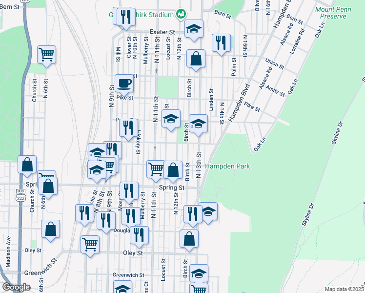map of restaurants, bars, coffee shops, grocery stores, and more near 1202 Marion Street in Reading