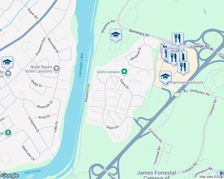 map of restaurants, bars, coffee shops, grocery stores, and more near 257 Sayre Drive in Princeton