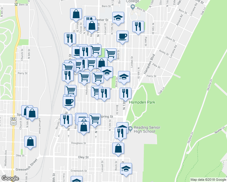 map of restaurants, bars, coffee shops, grocery stores, and more near 1208 Marion Street in Reading