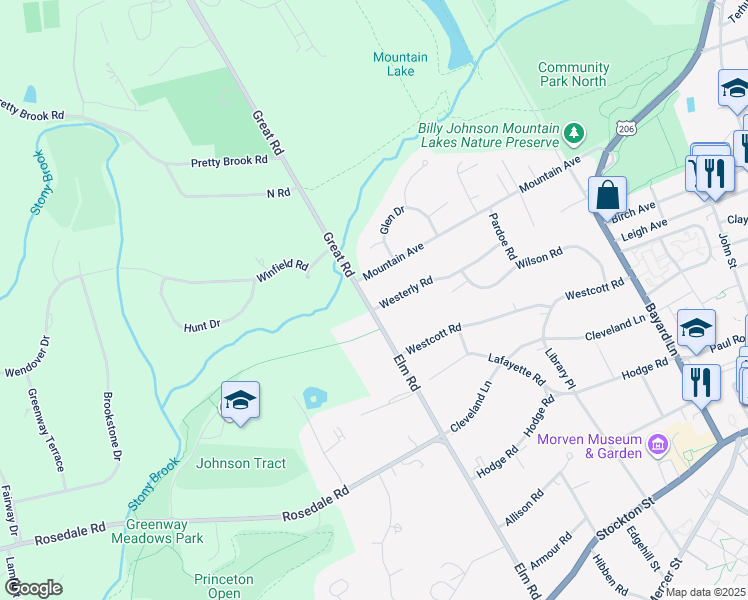 map of restaurants, bars, coffee shops, grocery stores, and more near 127 Westerly Road in Princeton