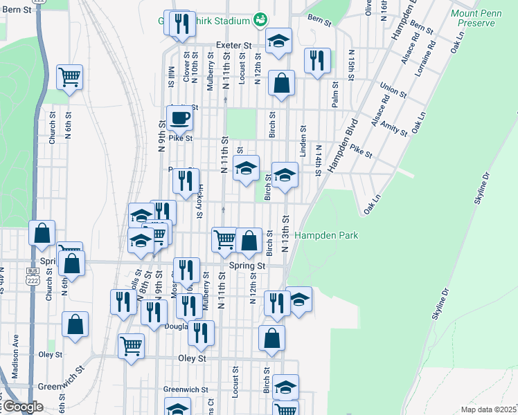 map of restaurants, bars, coffee shops, grocery stores, and more near 1202 Marion St in Reading